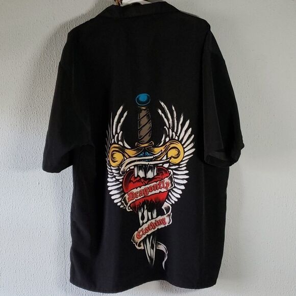 Dragonfly Men’s 90's Button Down Bowling Shirt Heart with Knife Sword Wings XL - Picture 5 of 8